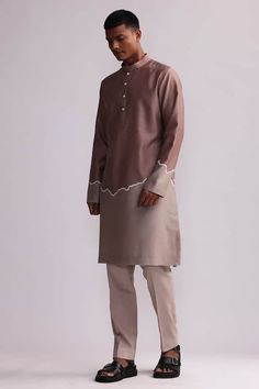 Rust chanderi kurta with patchwork patterns. Comes with pant. - Aza Fashions Unstitched Brown Cotton Traditional Wear, Brown Cotton Traditional Wear For Eid, Festive Brown Cotton Traditional Wear, Brown Cotton Kurta With Dabka, Traditional Brown Cotton Kurta, Festive Brown Cotton Kurta, Traditional Designer Cotton Pants, Half And Half, Kurta With Pants