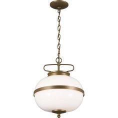 a light fixture with a white glass ball hanging from it's center point,