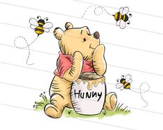 a winnie the pooh holding a honey jar with bees flying around it and writing on it