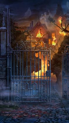 an iron gate in front of a house with flames coming out of it and on the ground