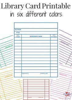 library card printables in six different colors with the text library card printables in six different colors