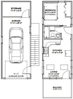 the floor plan for a two story house with an attached garage and living room area