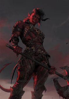 a drawing of a demon holding two large axes in front of a dark sky with clouds