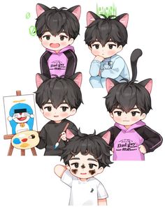 four different poses of an anime character with black hair and cats on their heads, one is