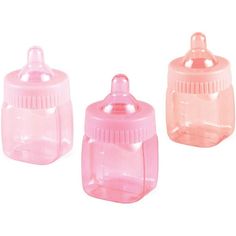 three baby bottles are shown in pink and light pink, one with a sippy top