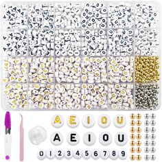 an assortment of letters and numbers are shown in this image with markers, pens, and buttons