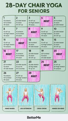 the 28 day chair yoga for seniors is shown in pink and blue, with instructions on how