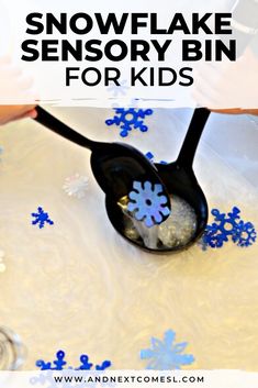 a spoon with snowflakes on it and the words winter sensory bin for kids