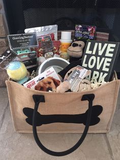 a bag filled with books, toys and other items