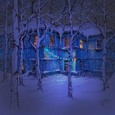 a drawing of a house in the woods at night with lights shining on it's windows