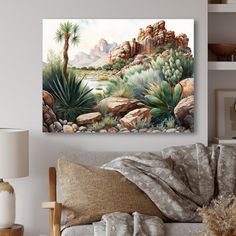 a living room with a couch and painting on the wall above it that is covered in rocks