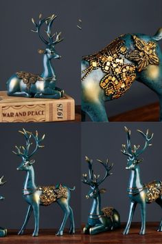 several different pictures of some metal deer figurines with gold accents on their heads