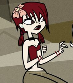 a cartoon girl with red hair and big eyes holding a cell phone in her hand