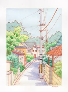 a drawing of a street with houses and power lines in the background, along with trees