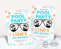 two pool party flyers with sunglasses and palm trees on the front, and an ocean background