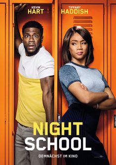 the poster for night school starring two people standing in front of lockers with their arms crossed