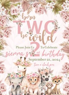 an animal themed birthday party with pink flowers and zebras on the front, two year old