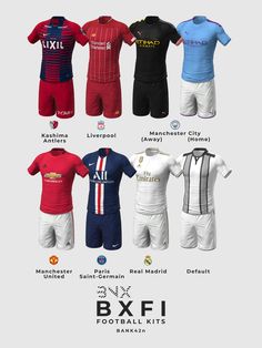 six different soccer uniforms with the names and numbers for each team, all in red, white