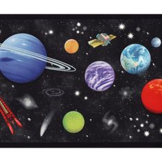 a space scene with planets and rockets in the sky