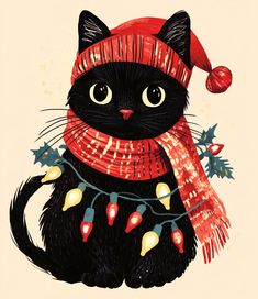 a black cat wearing a red hat and scarf with christmas lights on it's neck