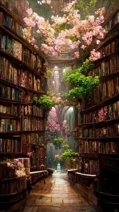 an image of a library with flowers on the ceiling and bookshelves full of books