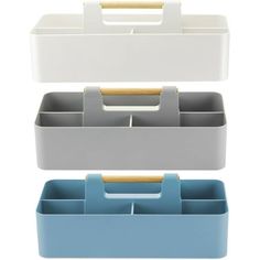 three plastic storage containers with handles and dividers in different colors, one white, the other light blue