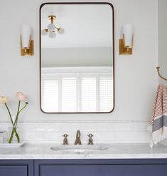 Bathroom Remodel with Brass Mirror and Brass Lights White Navy Bathroom, Navy Bathroom