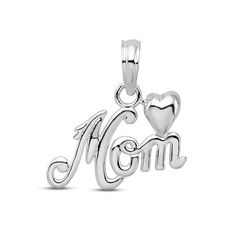 This beautiful charm features the word "Mom" spelled out in an elegant font and topped by a heart. Crafted in sterling silver with a high polish finish, the charm can be paired with a chain of your choosing (sold separately). White Gold Charm Necklace Gift For Mom, White Gold Charm Necklace As Gift For Mom, Sterling Silver Initial Pendant Charms For Anniversary, Personalized Sterling Silver Elegant Charms, Anniversary Hallmark Charm Necklace For Mother's Day, Elegant Sterling Silver Charms For Mother's Day, Elegant Personalized Sterling Silver Charms, Personalized Silver Elegant Charms, White Gold Charm Necklace For Mom