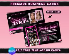 a pink and black business card with an image of a woman