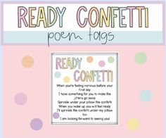 a poster with the words ready confetti written on it and polka dots around it