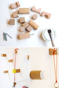 several pictures of different items made out of wood and string, with the words diy wall coat hooks attached to them