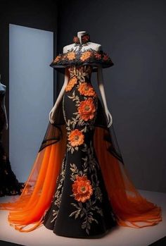 Mermaid Charro Dresses, Orange And Black Wedding Dress, Catrina Costume Dresses, Catrina Dresses, Catrina Dress, Mariachi Outfit, Gaun Fashion, Fantasy Gowns, Mexican Dresses