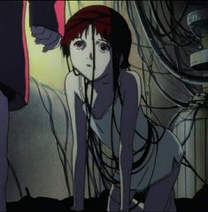 an anime character with red hair sitting on the ground in front of a man and woman