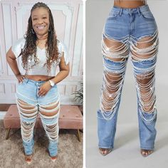 Semi-Stretch Jeans Highwaisted Pockets Ripped Pearls Rhinestones Wide-Leg Inseam Is 30 Inches 75% Cotton 23% Polyester 2% Spandex Diy Leggings, Shredded Jeans, Jumpsuits Casual, Womens Jumpsuits Casual, Blue Pearls, Womens Jumpsuits, Nice Clothes, Jacket Denim, Jeans Color