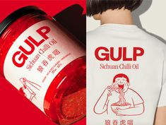 a man holding a jar of gup next to a t - shirt