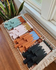 a bunch of ties sitting on top of a table next to a potted plant