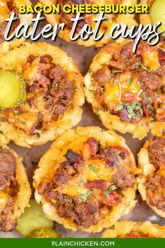 bacon cheeseburger tater tot cups with pickles on the side and text overlay