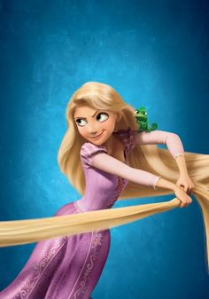 rappui from tangled in love with her long blonde hair and green frog on her shoulder