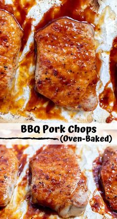 bbq pork chops are covered in sauce