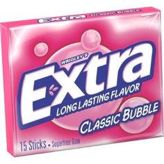 an extra chewing gum is shown in the box, with bubble bubbles on it's side