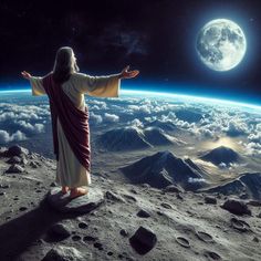 jesus standing on the moon above earth with his arms spread wide open in front of him