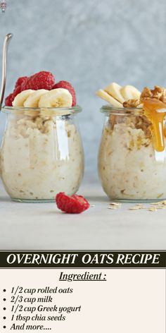 overnight oatmeal recipe with bananas and raspberries in two small jars