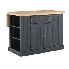 a kitchen island with two drawers and a butcher block top on the bottom, against a white background