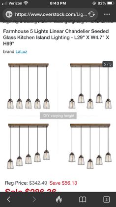 four light chandelier for sale on the storefront page, with price tags below