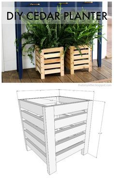 two planters made out of wooden pallets with plants in them and the text diy cedar planter