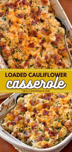 loaded cauliflower casserole with bacon and cheese in a white baking dish