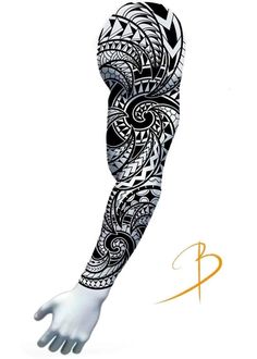 an arm tattoo design with black and white designs on it, in the shape of a hand