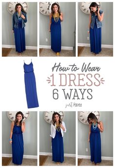 How to Wear One Blue Maxi Dress Six Ways #justpostedblog #ShopStyle #shopthelook #MyShopStyle #OOTD #LooksChallenge #ContributingEditor #Lifestyle Blue Maxi Dress Outfit Casual, One Dress Multiple Outfits, Elegant Homewear, Blue Maxi Dress Outfit, Outfit Combos, Blue Maxi Dress, Fashion Capsule, Blue Maxi