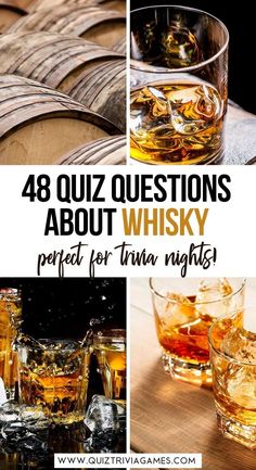 four different shots with the words 48 quiz questions about whisky