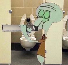 a cartoon character holding a knife in front of a toilet